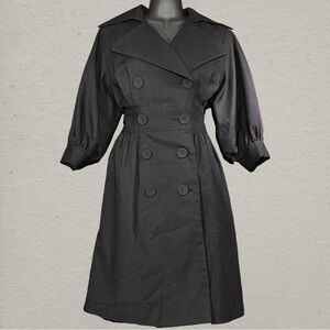 80s Style Black Double Breasted Dress Coat Puff Sleeve